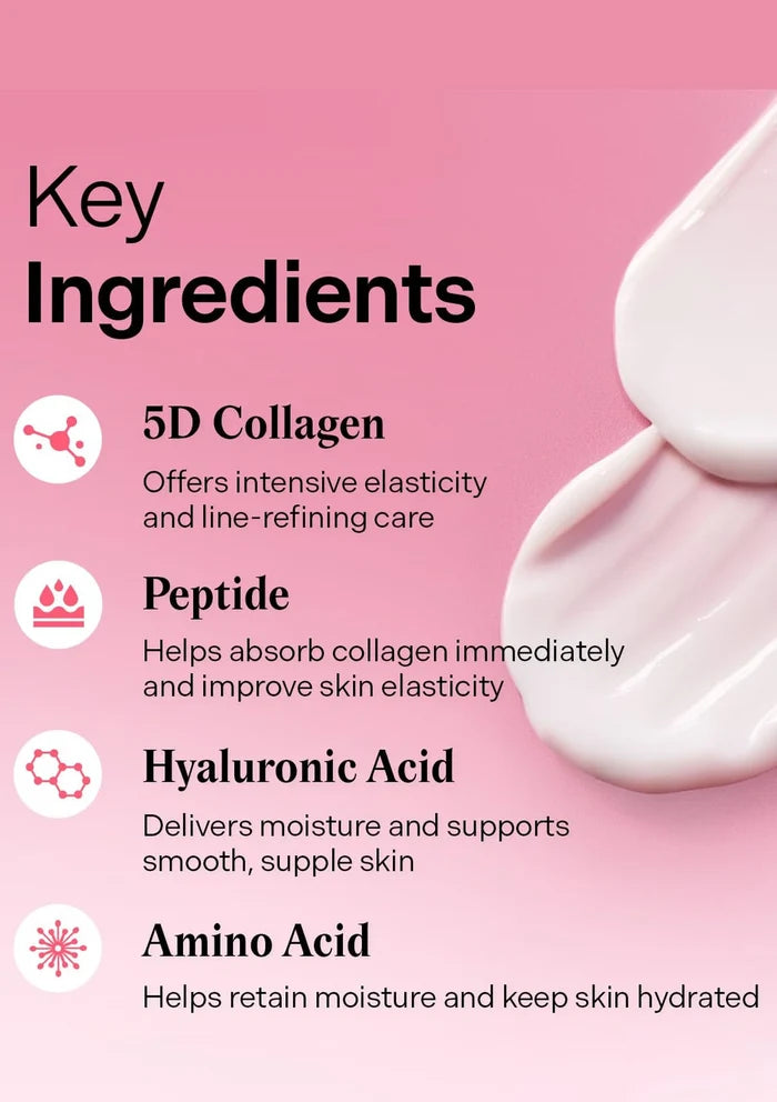 Key ingredients of a skincare product with text on a pink background