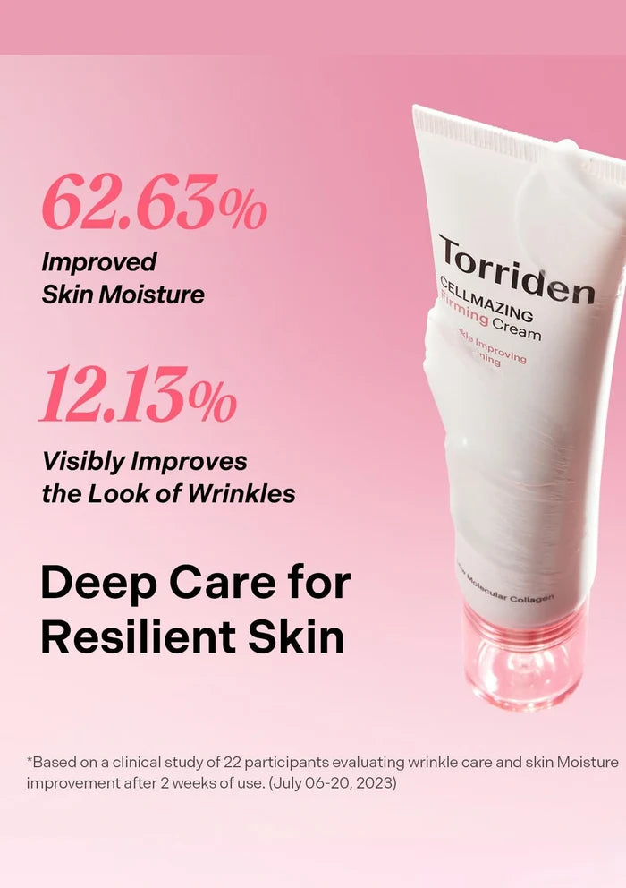 Torriden CellMazing Cream tube on a pink background with text about skin moisture and wrinkle improvement.