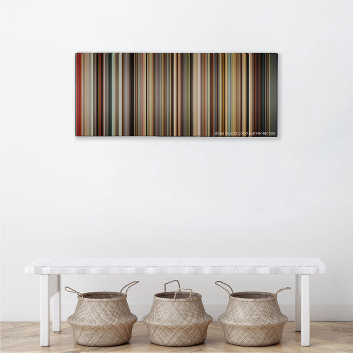 We Need to Talk About Kevin color palette canvas above a white bench with three woven baskets