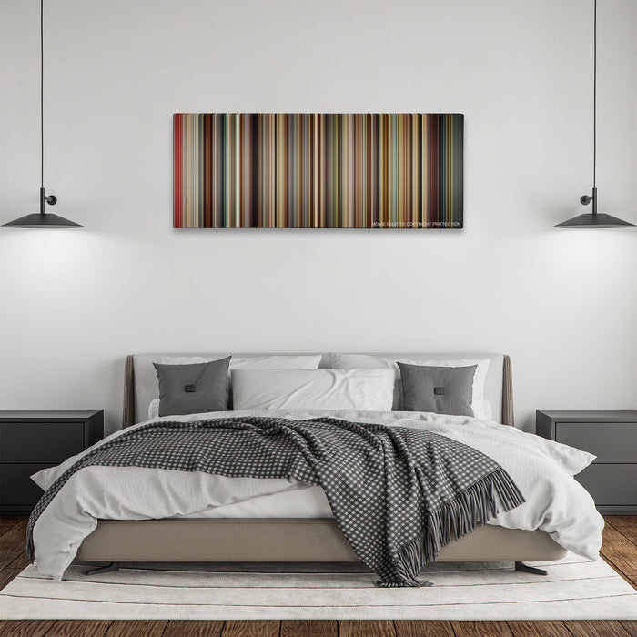 We Need to Talk About Kevin color palette canvas above a bed, between two black pendant lamps