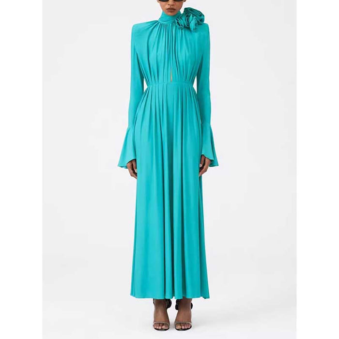 Women Long Flared Sleeve Formal Dress Shoulder Padded High Slit Event Dress